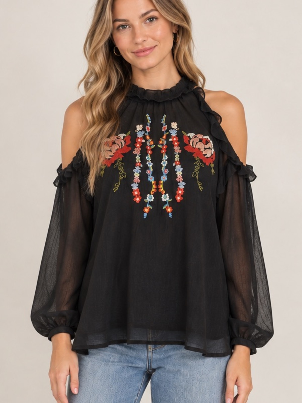 Altar'd State Black Cold-Shoulder Blouse with Floral Embroidery
